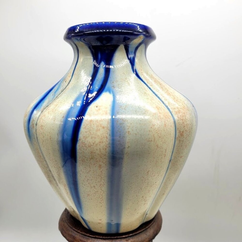 Art Deco Belgium Pottery Vase Speckled Drip Glaze VTG Signed 2229 Blue Collect
